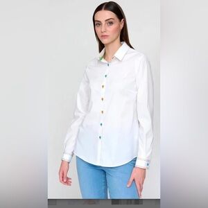 Bariloche Condado White County Shirt Multicolor Trim Collar Button FR 44 US 12